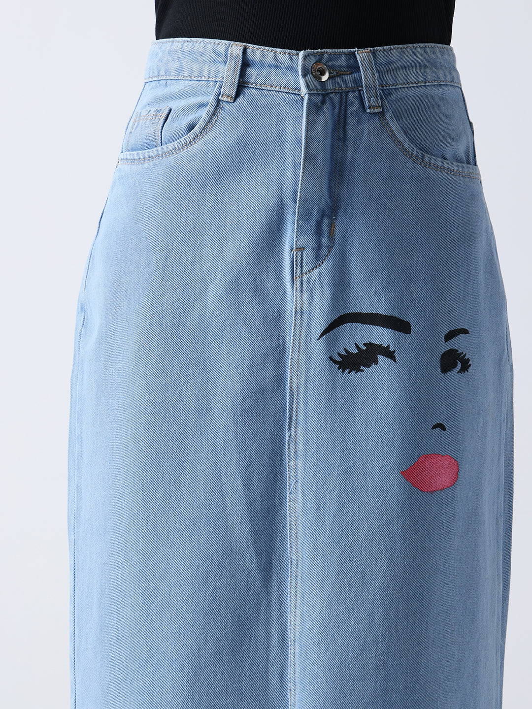 Gotamoda Winking Beauty Denim Hand Painted Denim Skirt with artistic facial design on light blue fabric