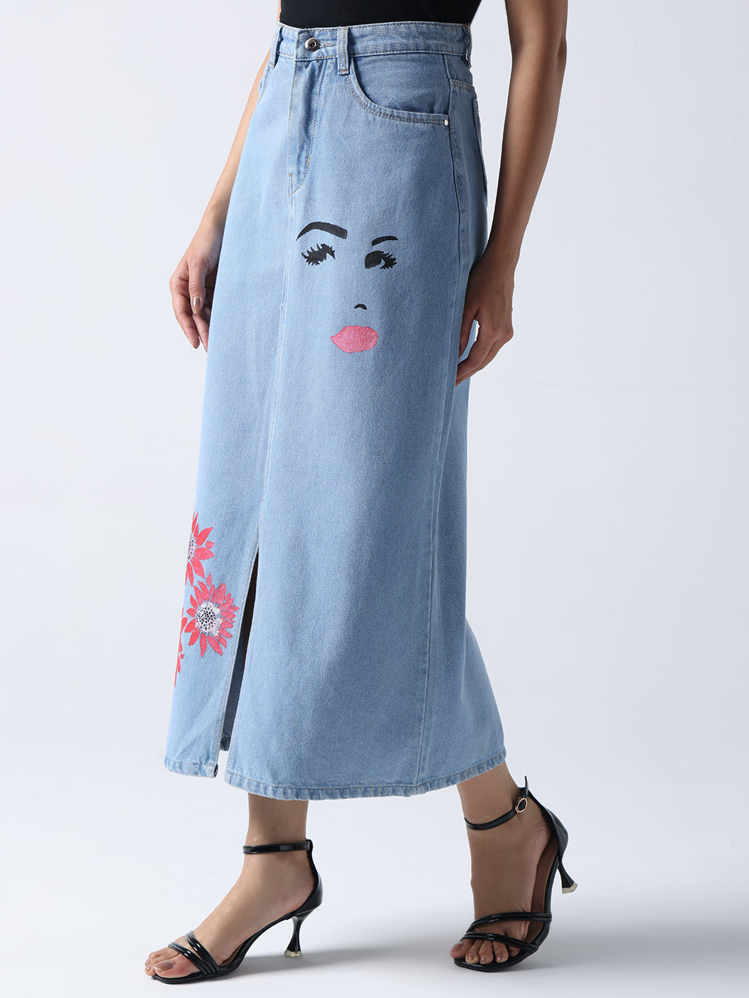 Gotamoda Winking Beauty Denim Hand Painted Denim Skirt with face and flower design in light blue