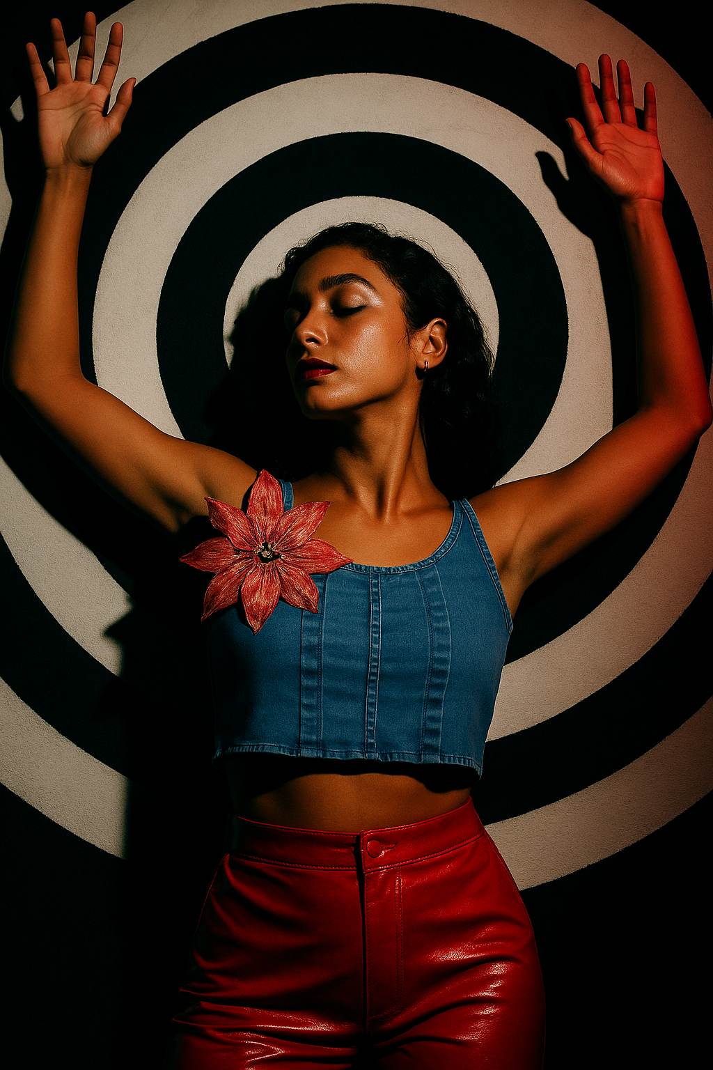 Woman posing against black and white spiral backdrop in sustainable hand painted denim crop top with red flower and red pants