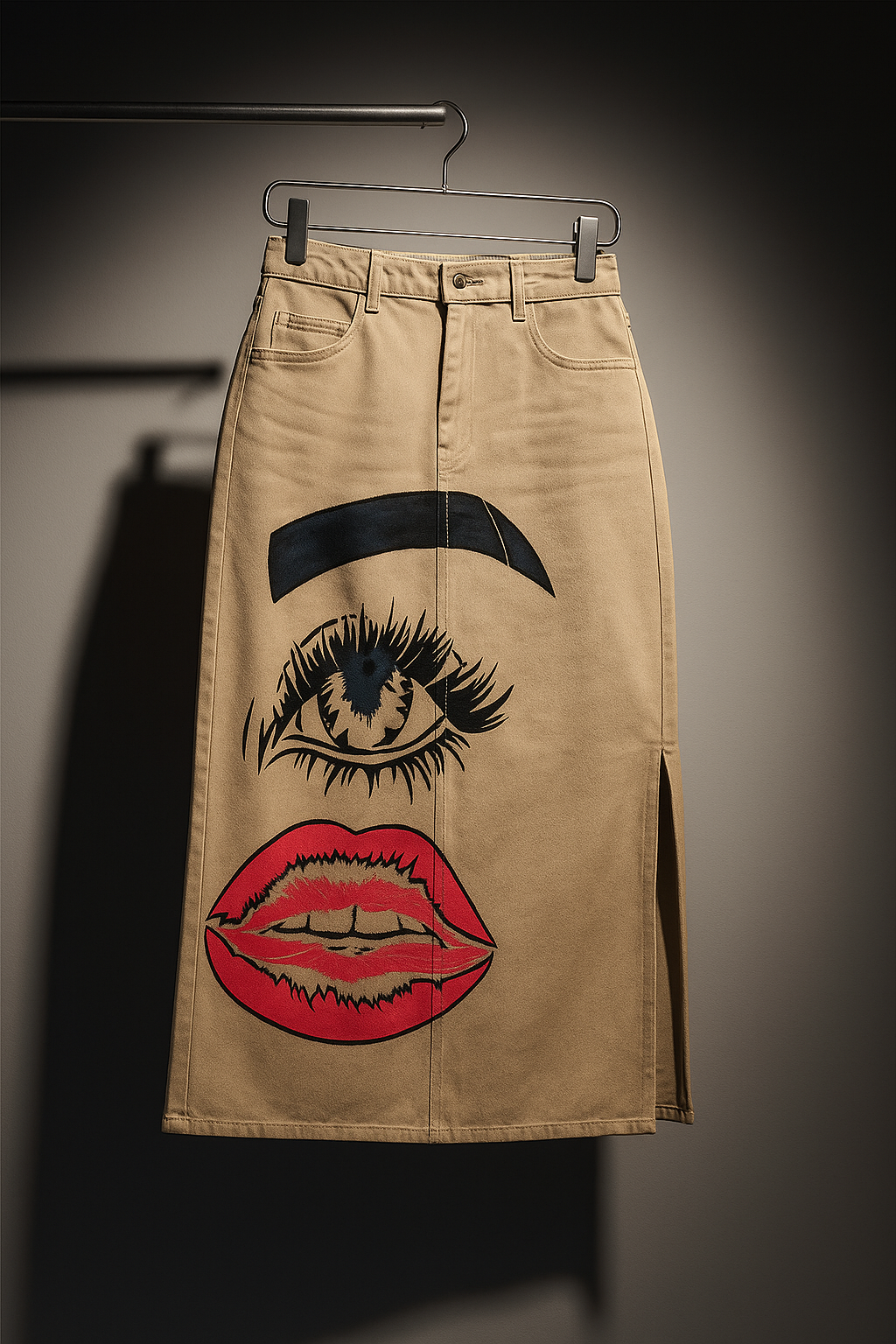 Beige midi skirt with bold face graphic of eyebrow eye and red lips on Hand Painted Denim