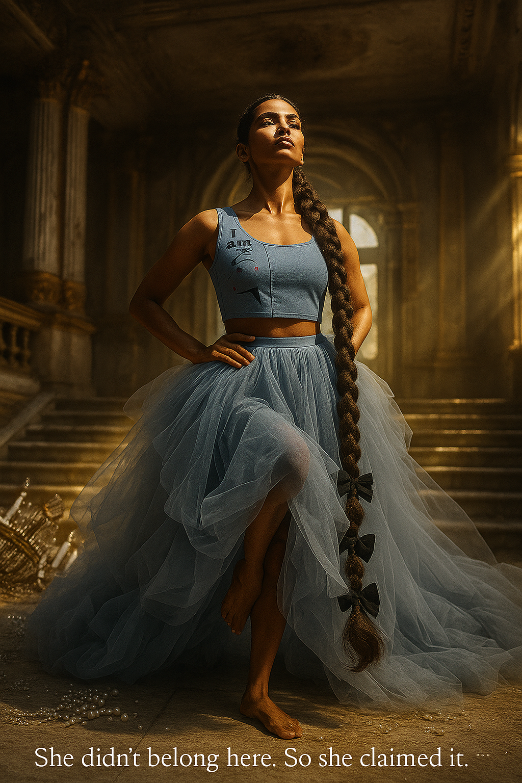 Regal woman in Hand Painted Denim crop top and voluminous tulle skirt posing barefoot on grand staircase with long braided hair