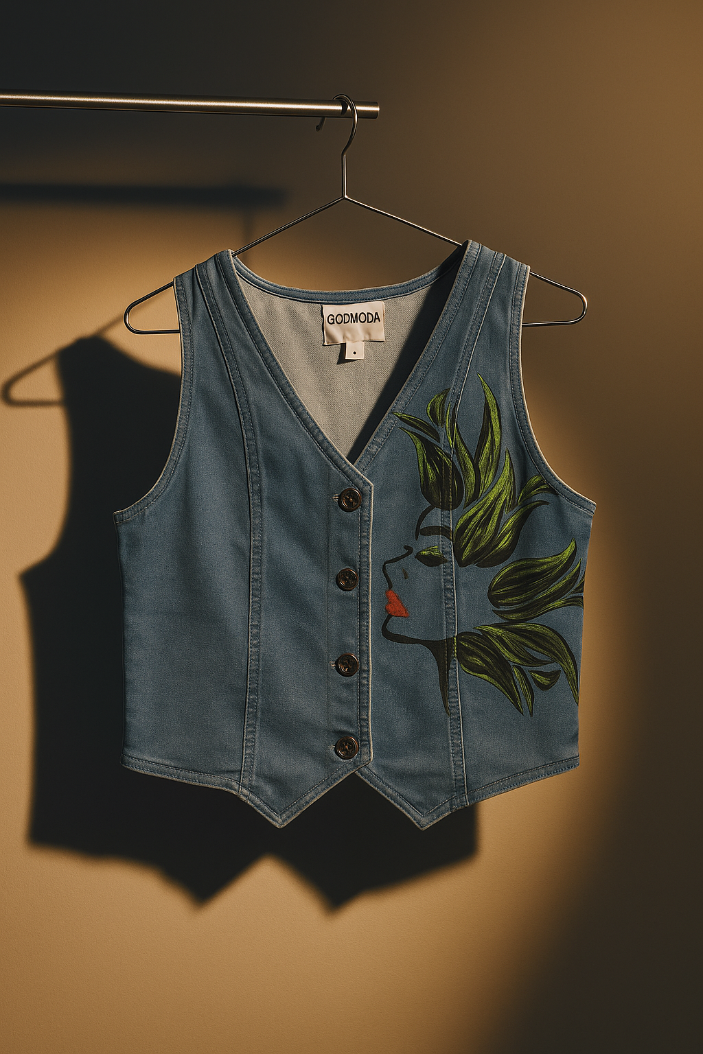 Denim vest on hanger with botanical face art showcasing hand painted denim vs printed denim comparison