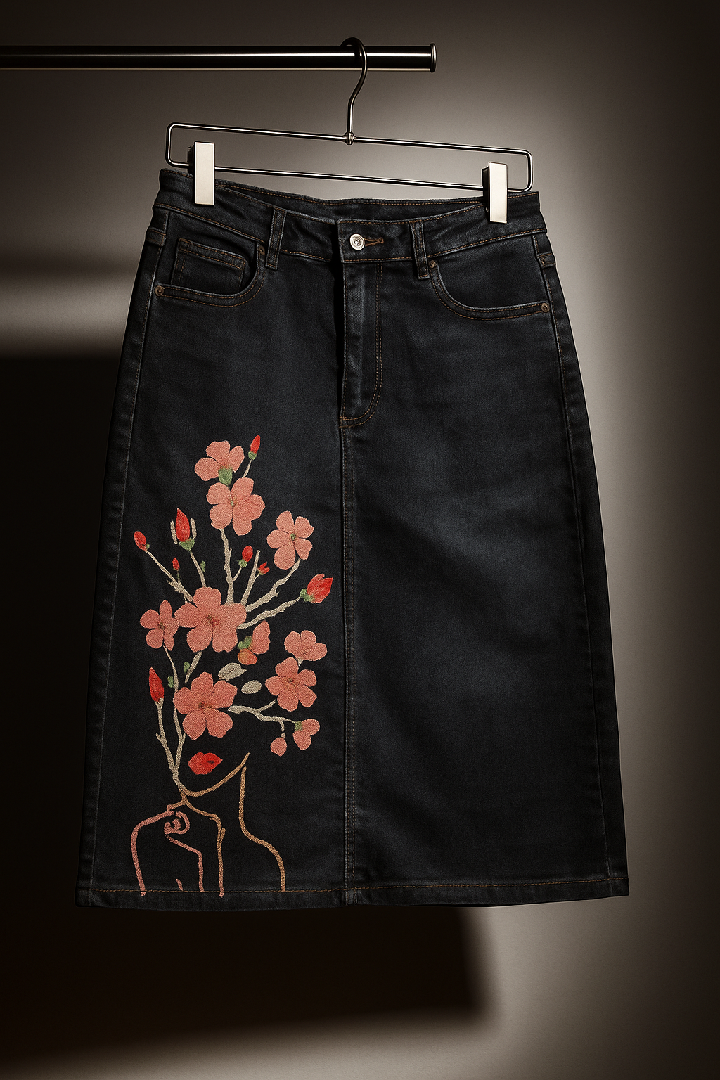 Dark midi hand painted denim skirt with pink floral artwork on front left panel hanging on clothing rack