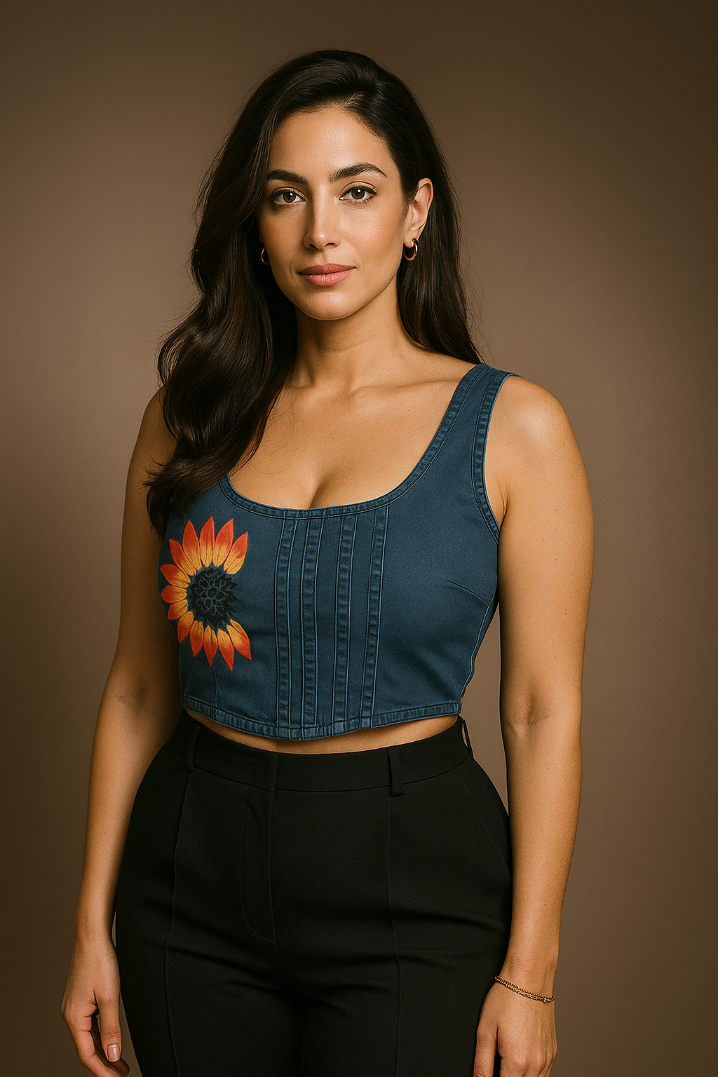 Model wearing hand painted denim tops for women blue cropped denim top with sunflower hand painted motif