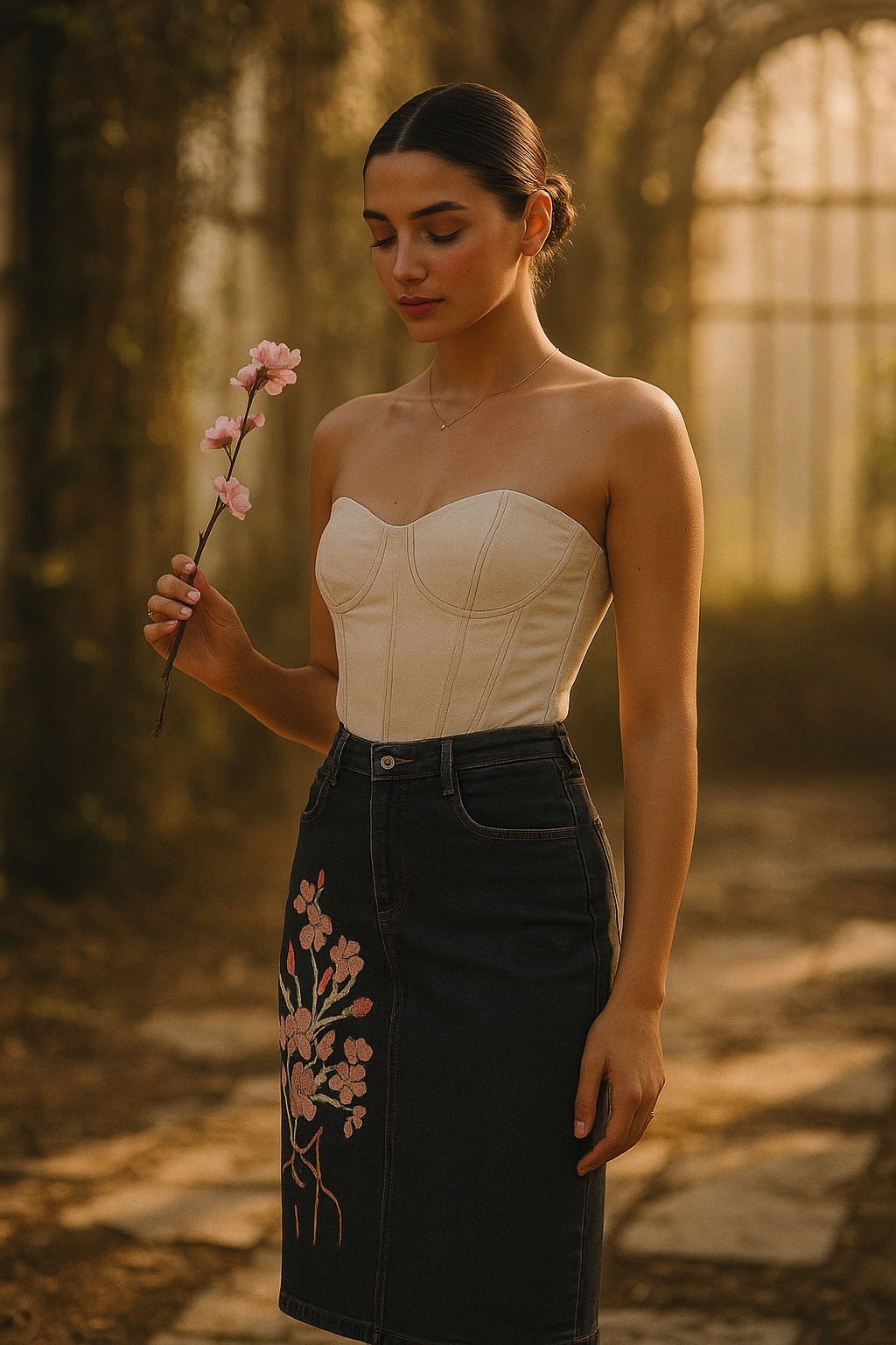 Woman in a strapless top and denim skirt, illustrating what type of top to wear with denim skirt
