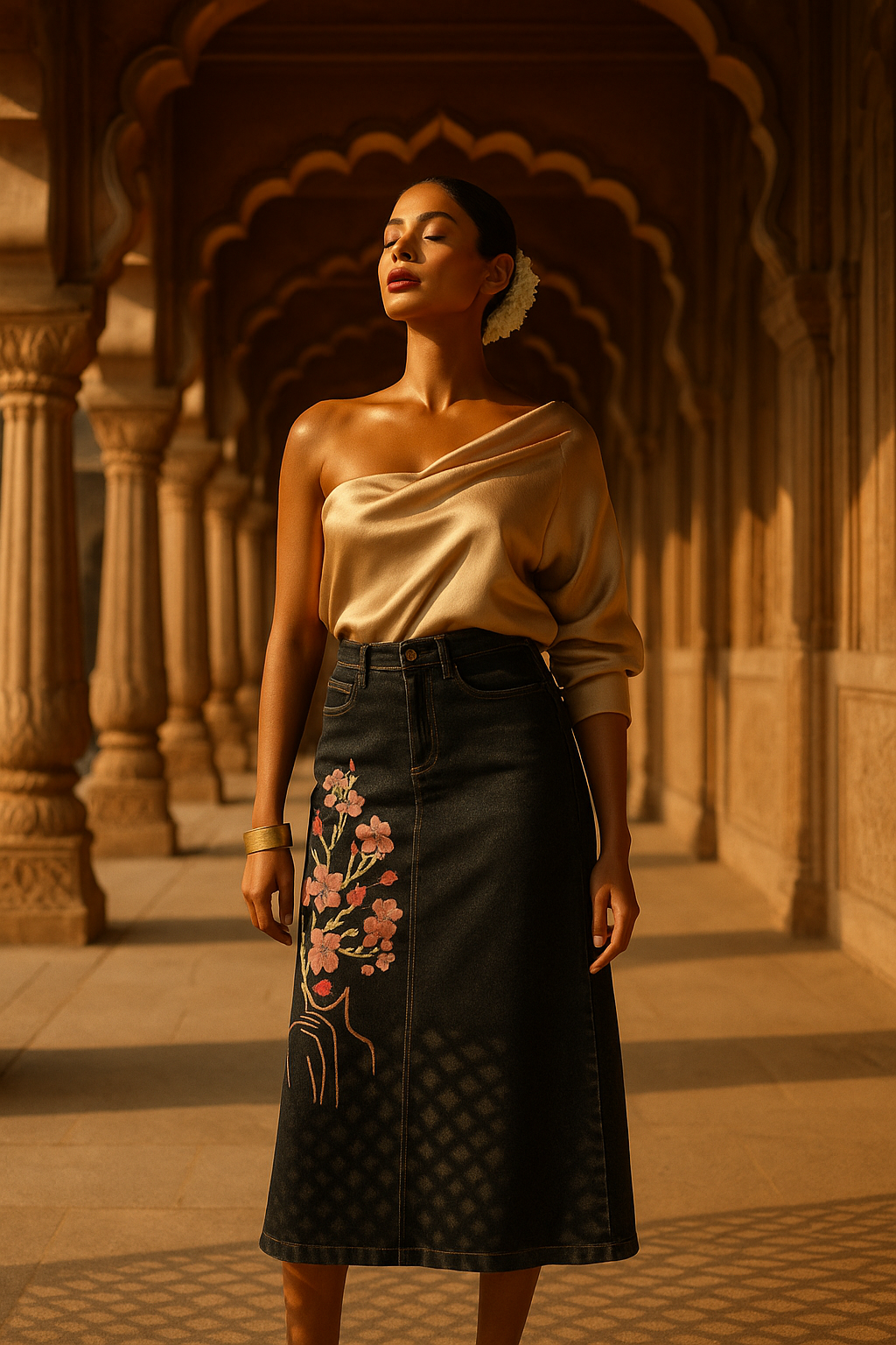 Stylish woman modeling the Perfect Denim Skirt for Women Long in a beautiful architectural setting