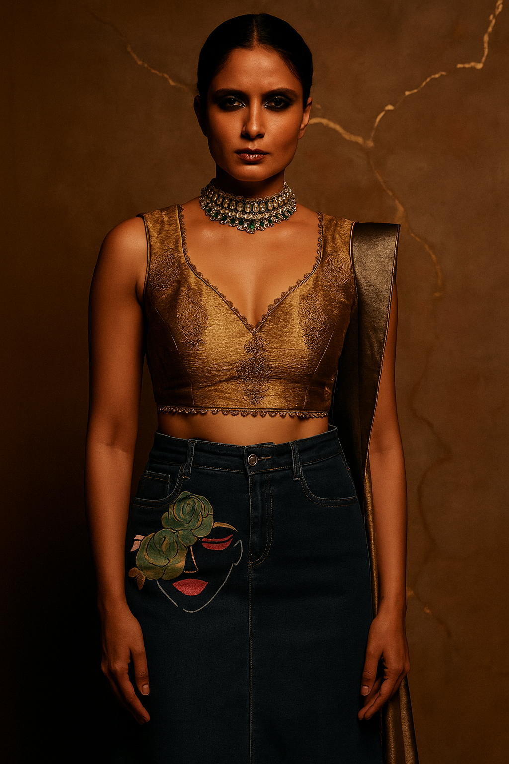Model showcasing a Denim Skirt with Top, styled for festive celebrations with accessories and a chic appearance