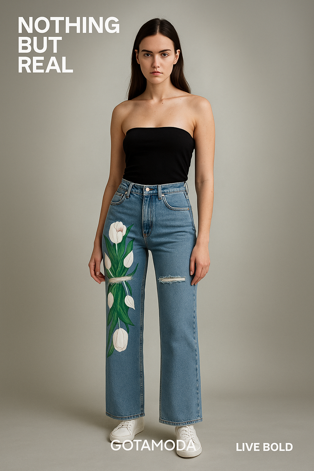 Stylish woman in high-waisted jeans with floral design, demonstrating how to avoid camel toe in jeans