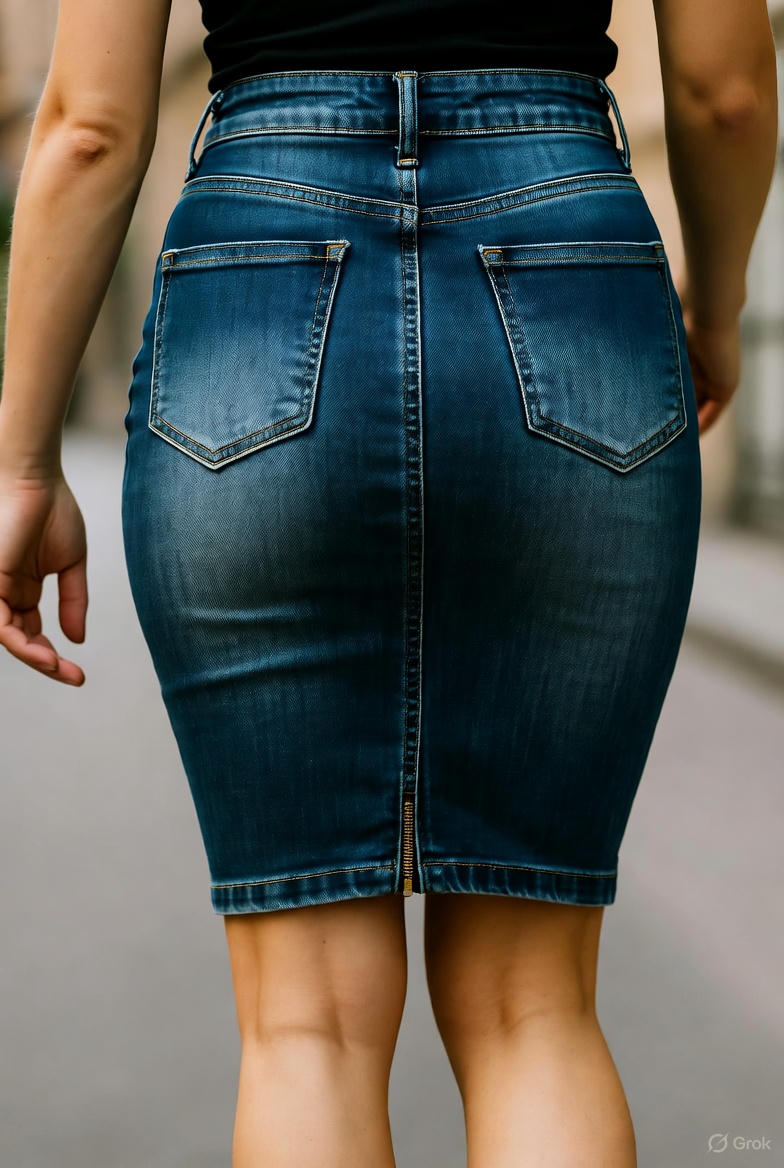 Woman walking in a fitted denim skirt showcasing a stylish design for those who can't walk in denim skirt comfortably