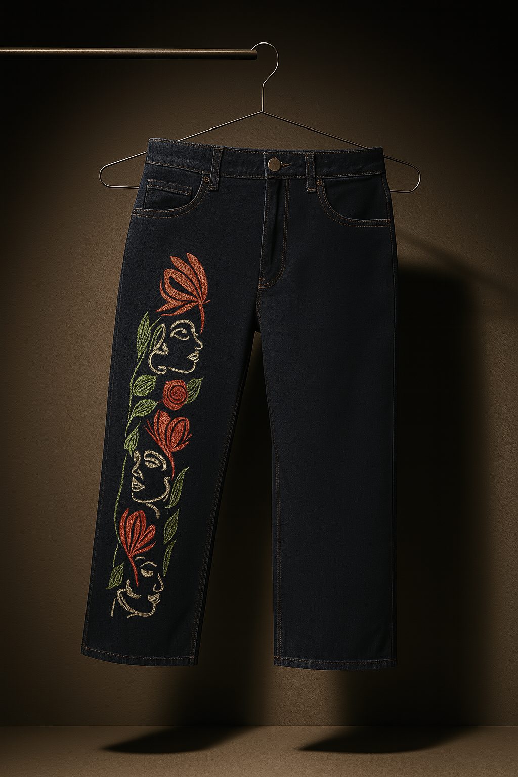 Stylish jeans featuring floral embroidery, ideal for learning how to prevent chub rub in jeans