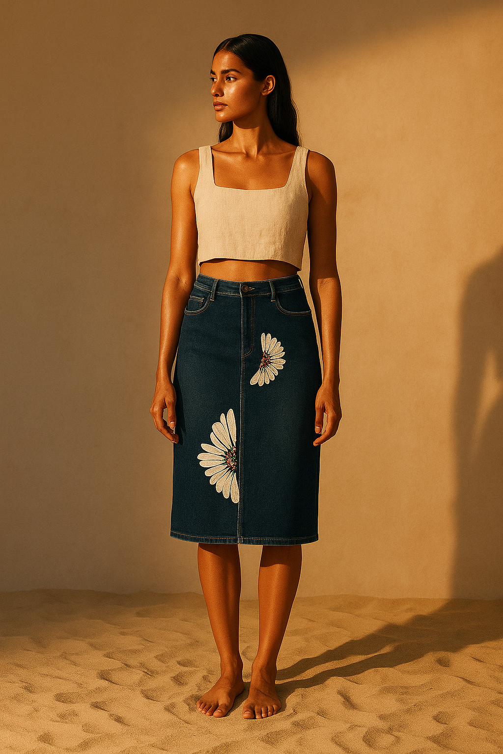 Model wearing a Hand Painted Denim Piece knee length skirt with white daisy motifs and beige crop top on sandy backdrop