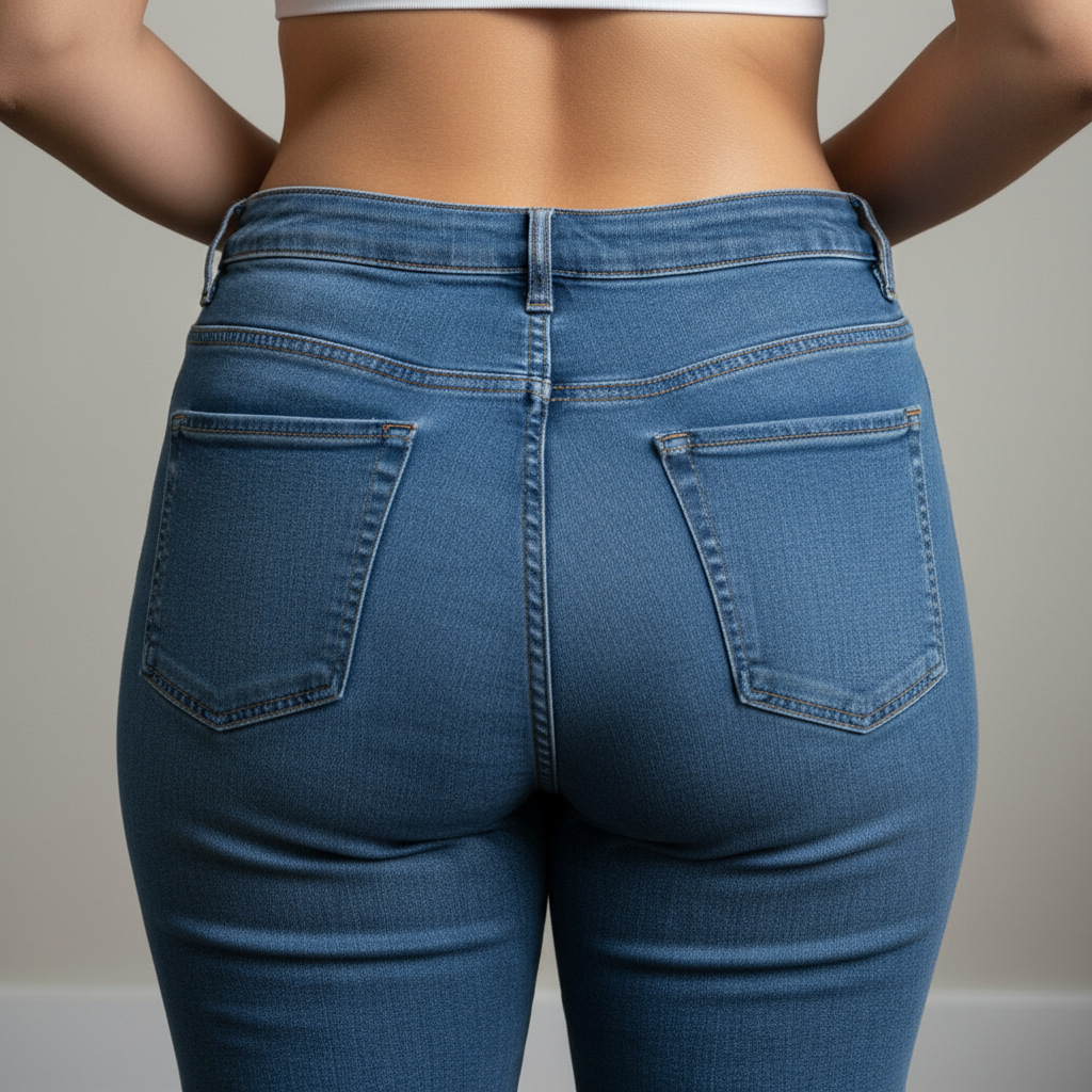 Jeans waist gap solutions for curvy women featuring a close-up of high-waisted denim fit