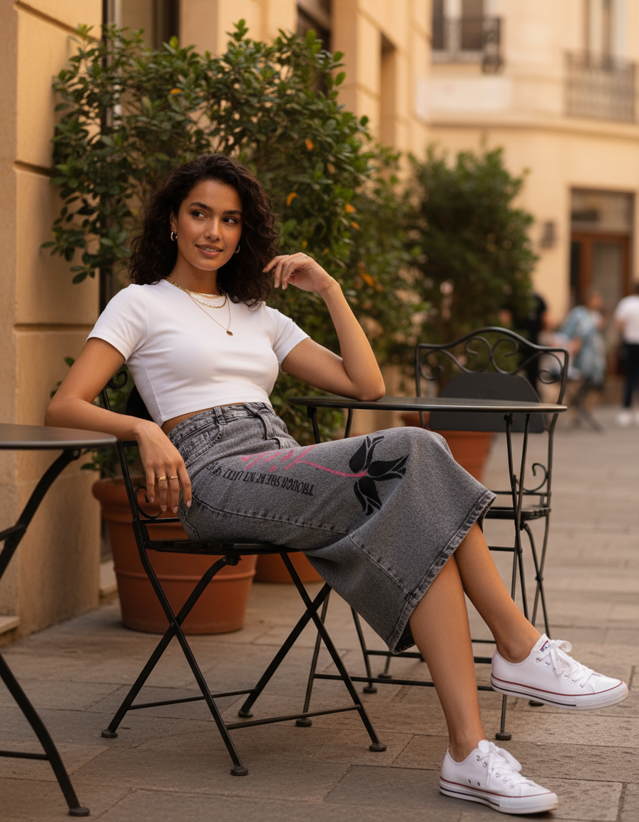Casual outfit featuring a denim skirt with top, sitting outdoors in an urban setting