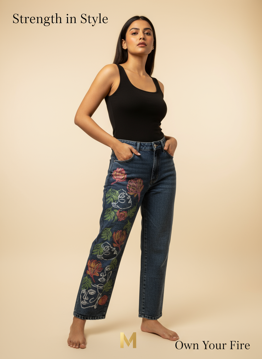 Model showcasing Painted Jeans with floral designs, paired with a black tank top against a neutral background