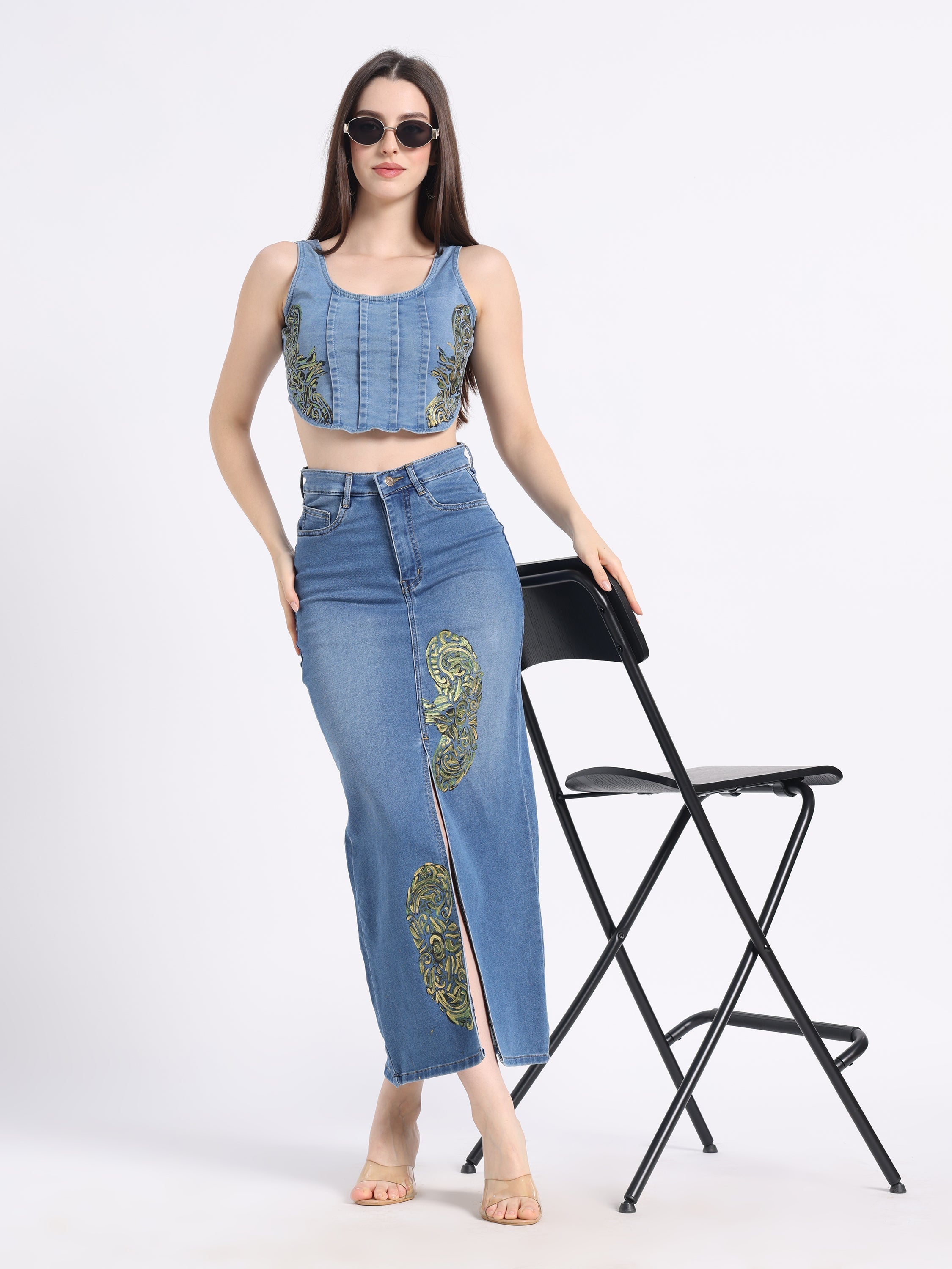 Stylish denim co ord set women featuring a crop top and a high-slit maxi skirt