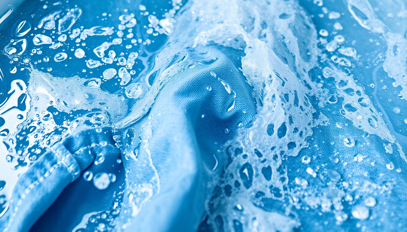 Close-up of blue jeans fabric with water and soap bubbles demonstrating how to prevent jeans from shrinking