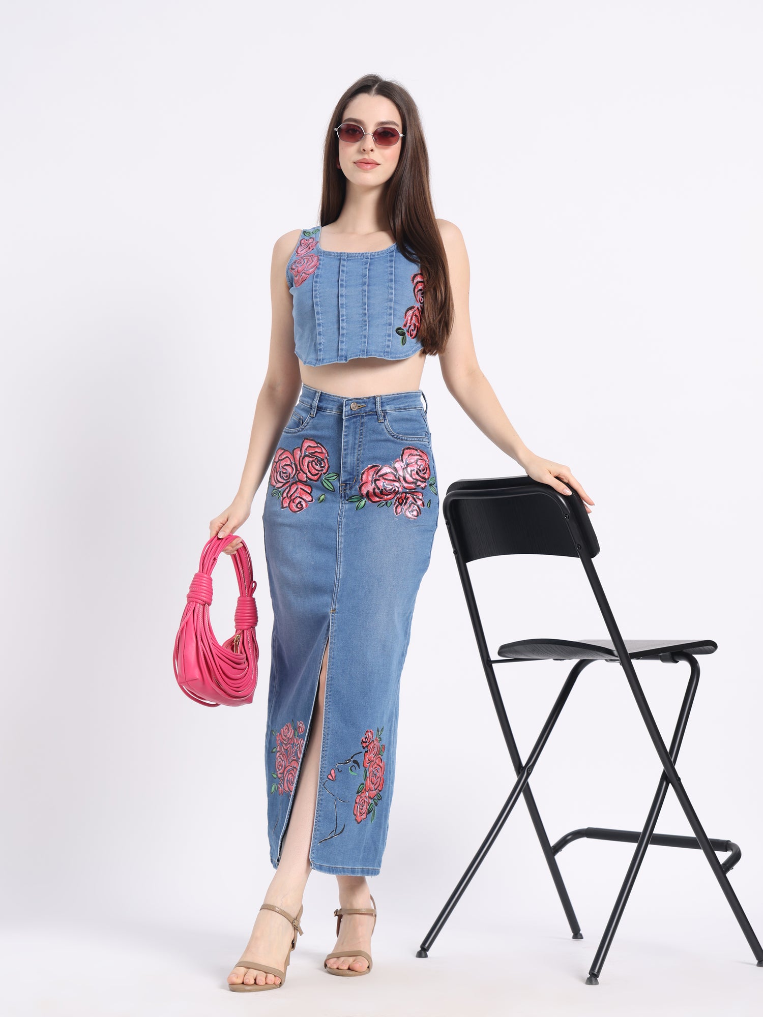 Hand-Painted Floral Denim Maxi Skirt for Women – Rose Bloom Art Edition
