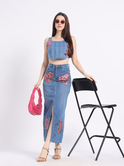 Hand-Painted Floral Denim Maxi Skirt for Women – Rose Bloom Art Edition