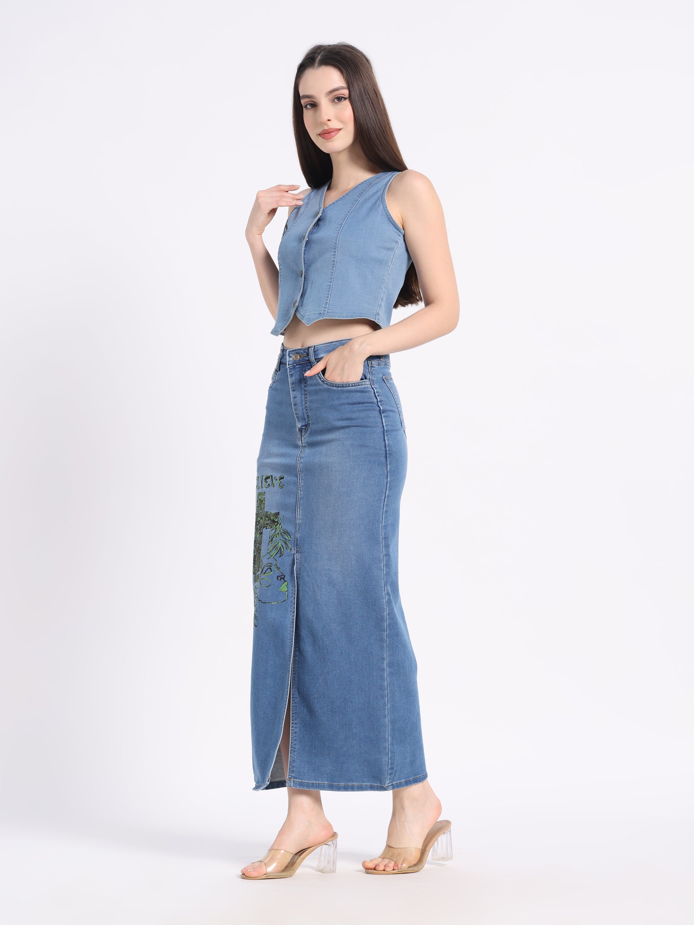 Believe In Bloom Hand-Painted Denim Maxi Skirt