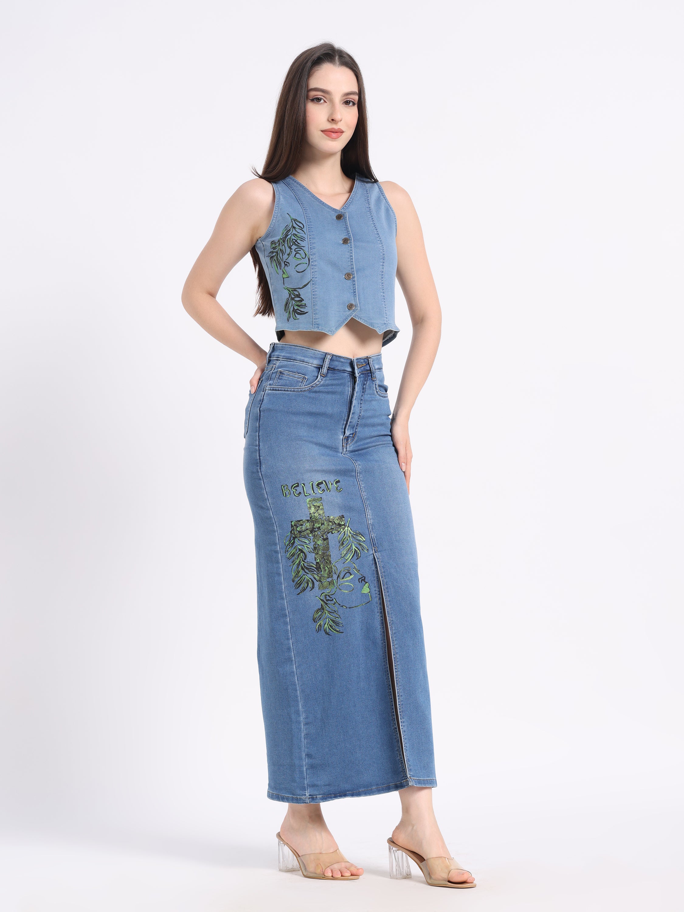Believe In Bloom Hand-Painted Denim Maxi Skirt