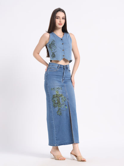 Believe In Bloom Hand-Painted Denim Maxi Skirt