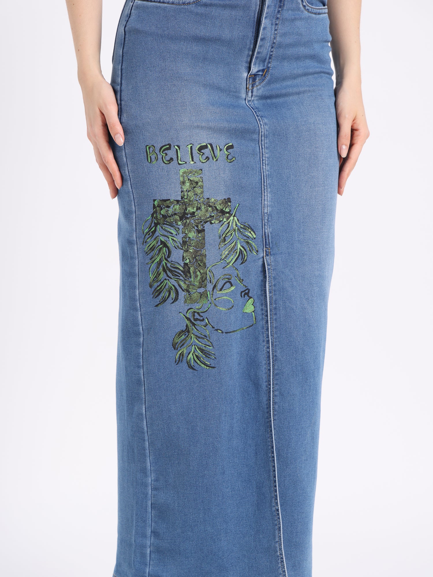 Believe In Bloom Hand-Painted Denim Maxi Skirt