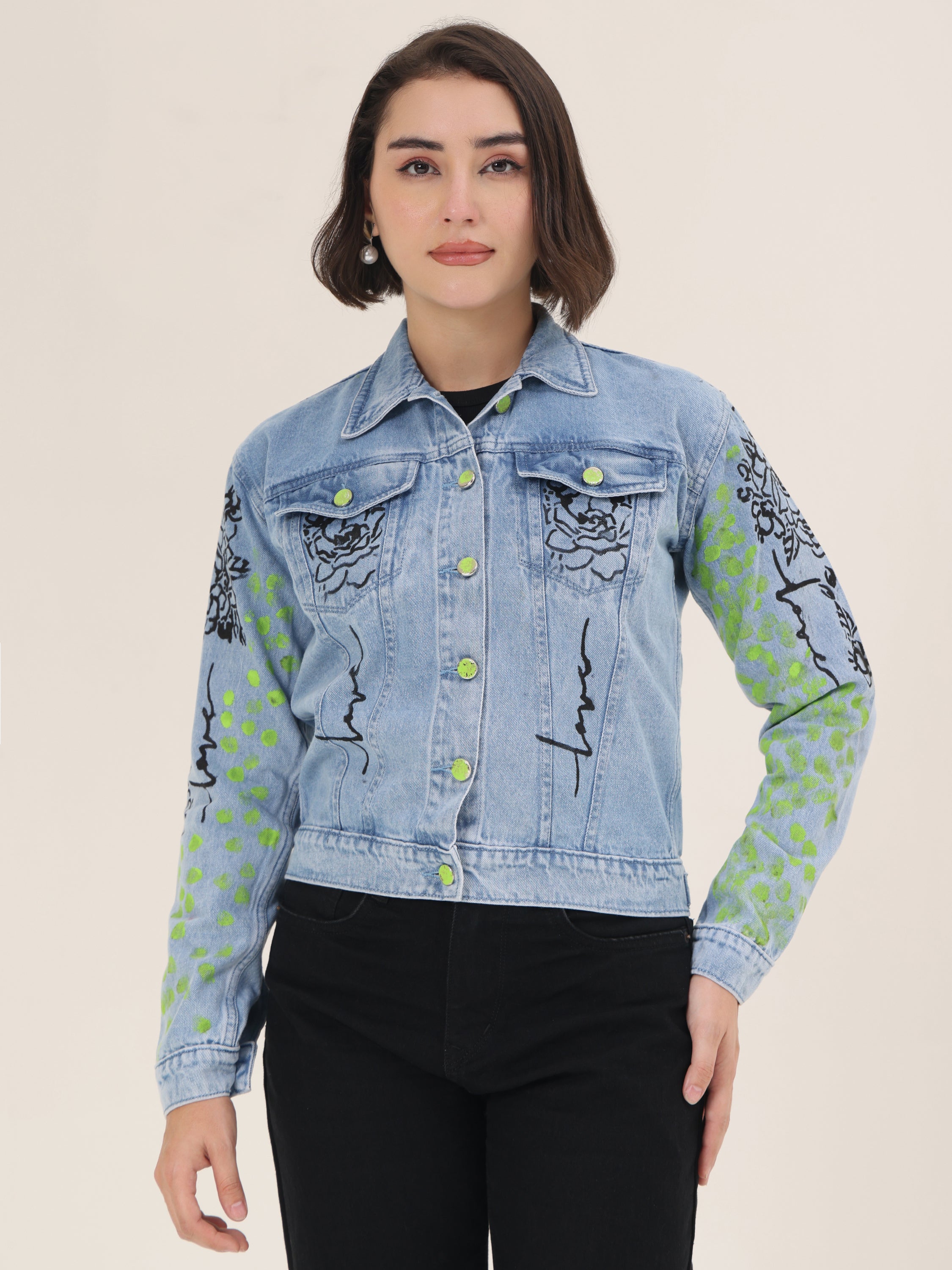 Love Muse Hand-Painted Denim Jacket for Women – Artistic Floral Outline Edition
