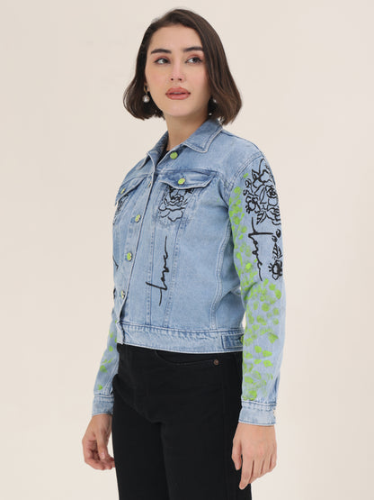 Love Muse Hand-Painted Denim Jacket for Women – Artistic Floral Outline Edition