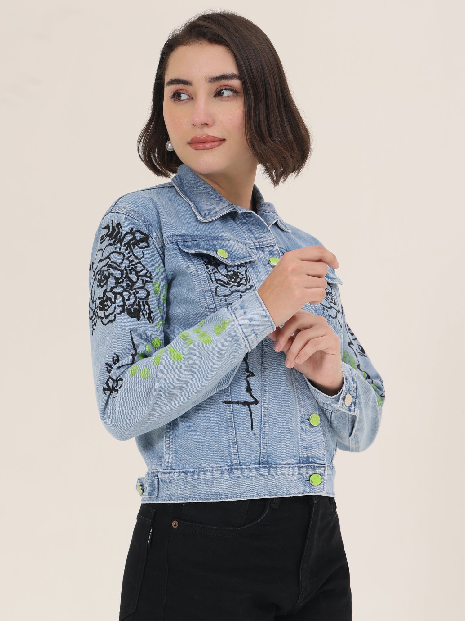 Love Muse Hand-Painted Denim Jacket for Women – Artistic Floral Outline Edition