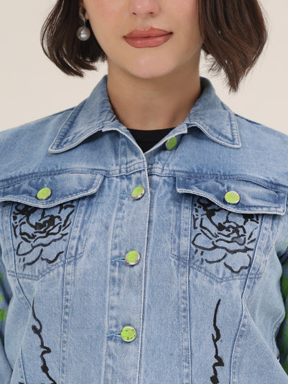 Love Muse Hand-Painted Denim Jacket for Women – Artistic Floral Outline Edition
