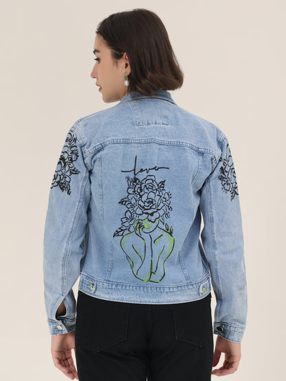 Love Muse Hand-Painted Denim Jacket for Women – Artistic Floral Outline Edition