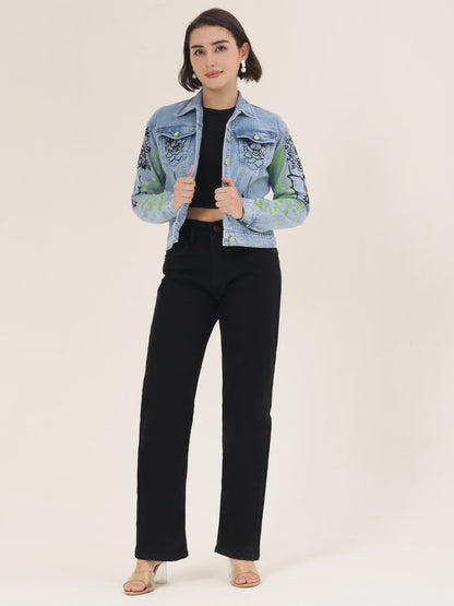 Love Muse Hand-Painted Denim Jacket for Women – Artistic Floral Outline Edition