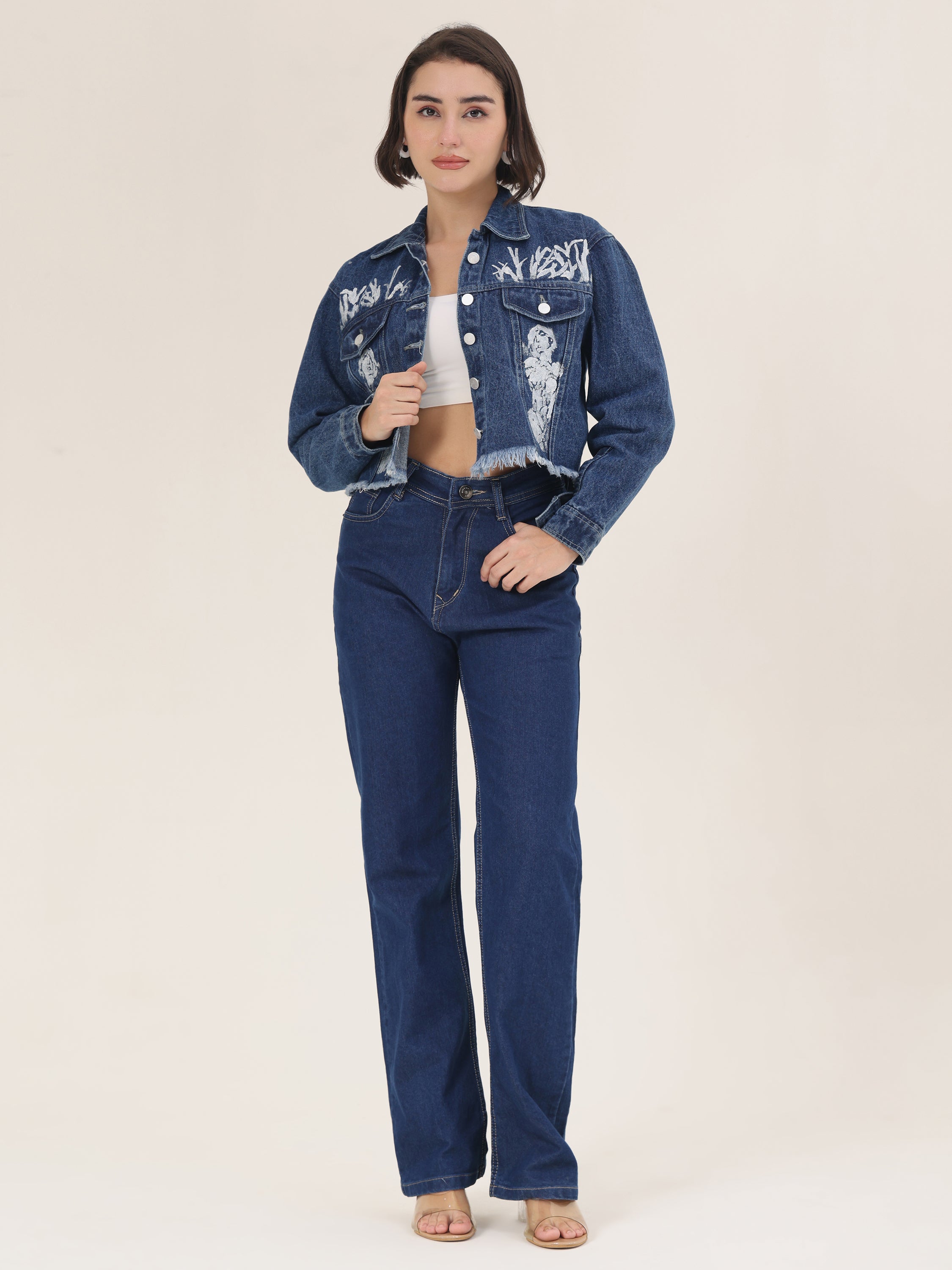White Forest Hand-Painted Dark Denim Crop Jacket for Women – Premium Artistic Jacket