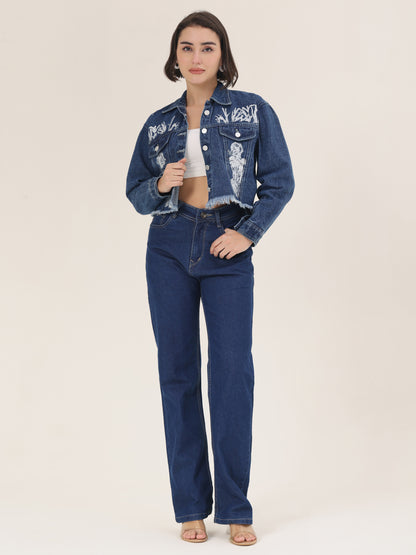 White Forest Hand-Painted Dark Denim Crop Jacket for Women – Premium Artistic Jacket