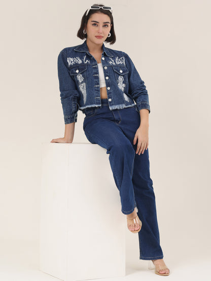 White Forest Hand-Painted Dark Denim Crop Jacket for Women – Premium Artistic Jacket