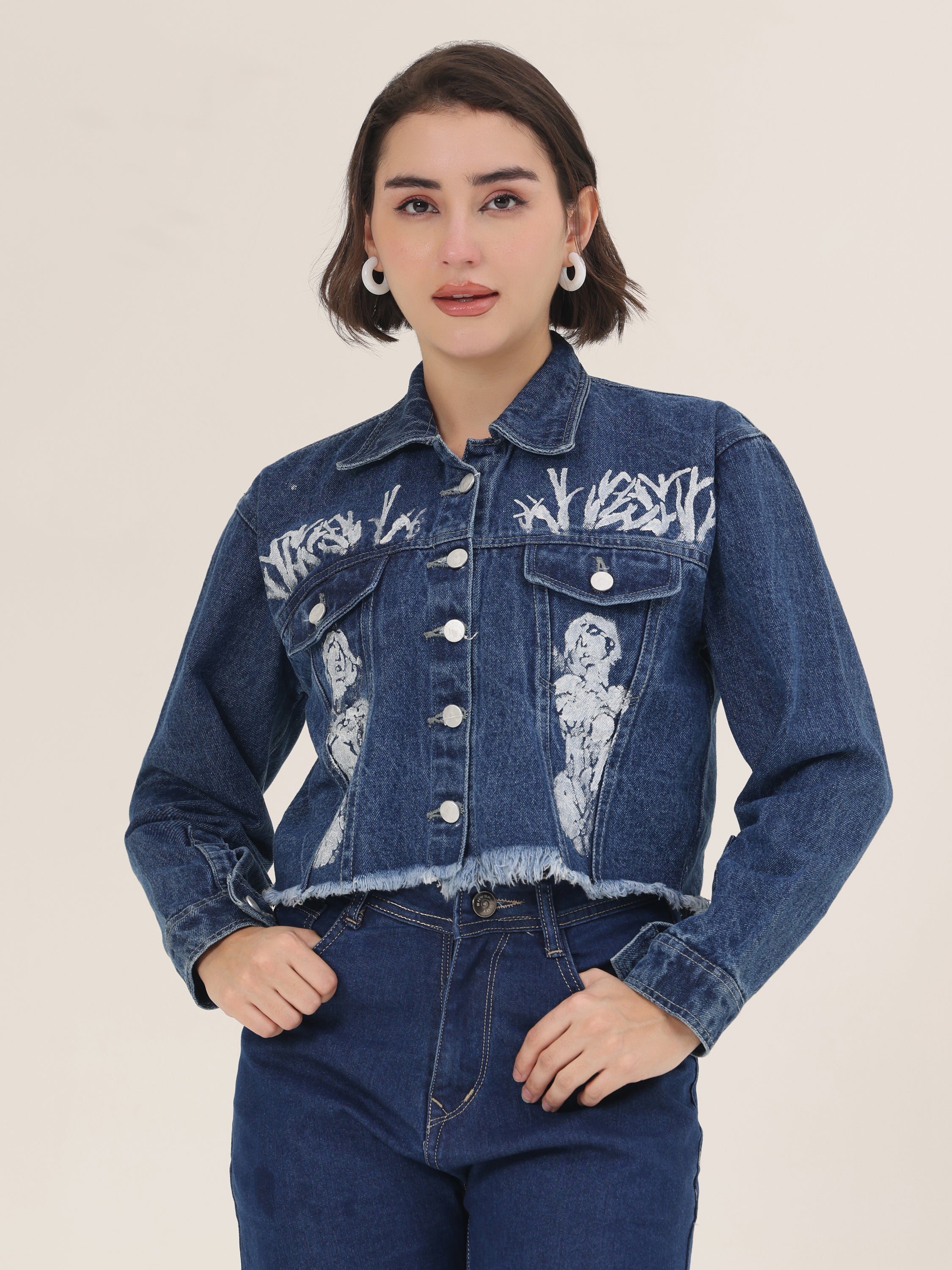 White Forest Hand-Painted Dark Denim Crop Jacket for Women – Premium Artistic Jacket