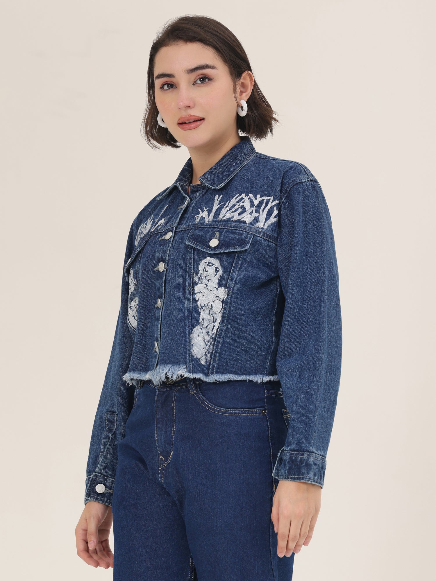 White Forest Hand-Painted Dark Denim Crop Jacket for Women – Premium Artistic Jacket