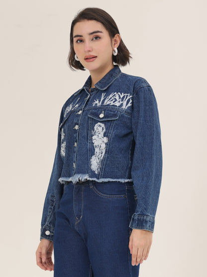 White Forest Hand-Painted Dark Denim Crop Jacket for Women – Premium Artistic Jacket