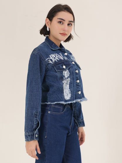 White Forest Hand-Painted Dark Denim Crop Jacket for Women – Premium Artistic Jacket