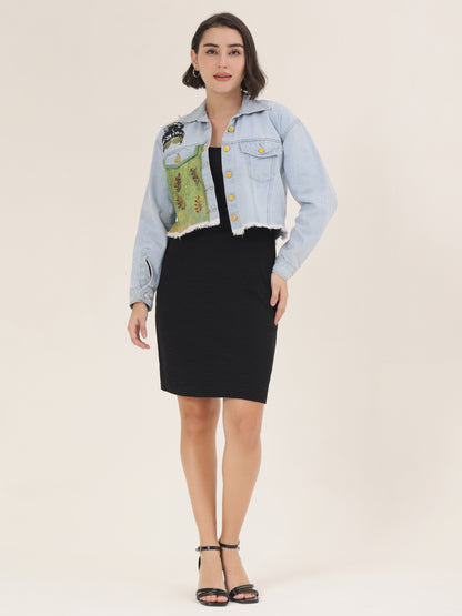 Green Harvest Hand-Painted Cropped Denim Jacket for Women – Nature Art Edition
