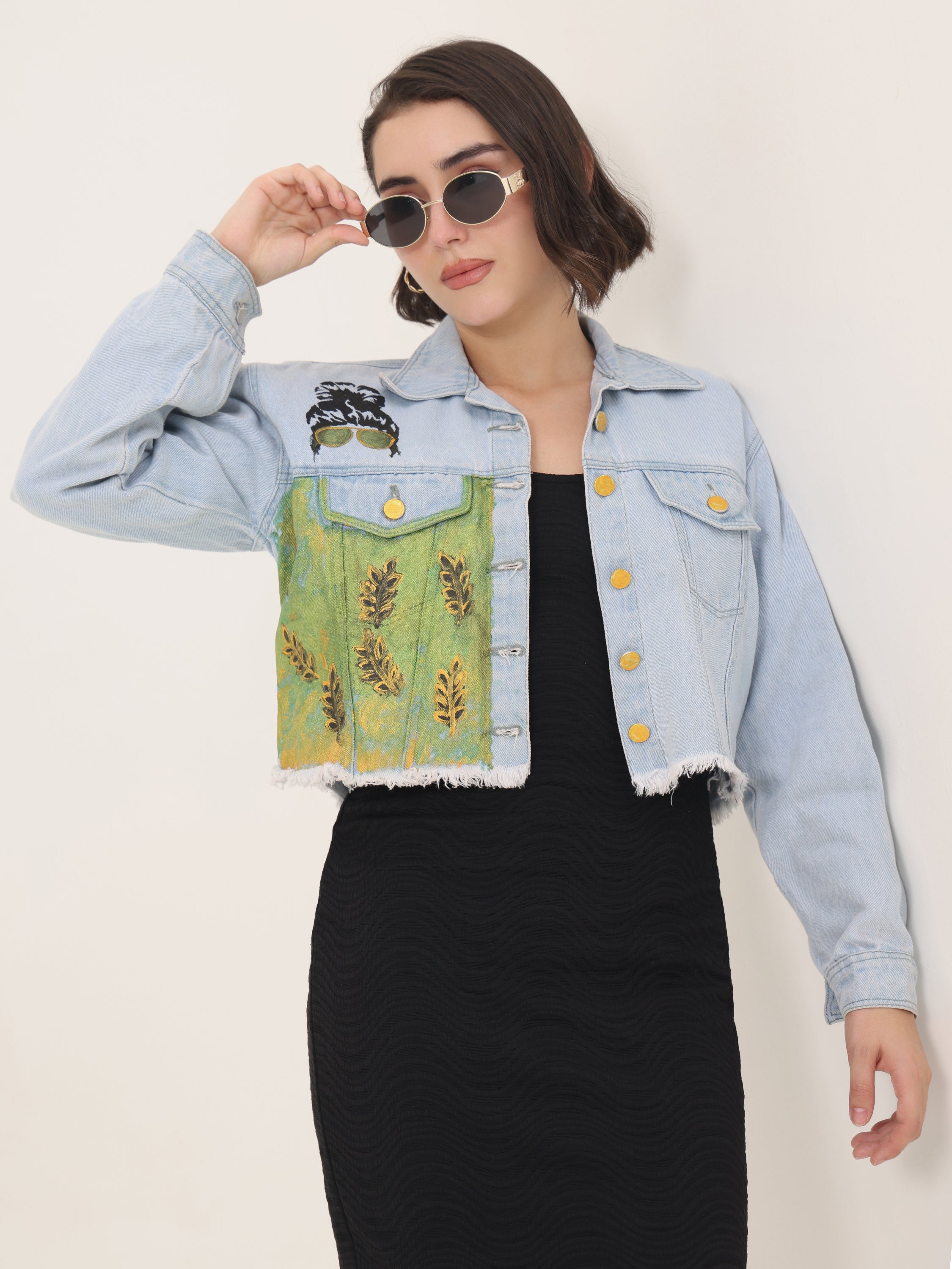 Green Harvest Hand-Painted Cropped Denim Jacket for Women – Nature Art Edition