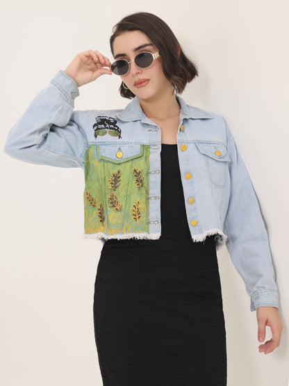 Green Harvest Hand-Painted Cropped Denim Jacket for Women – Nature Art Edition