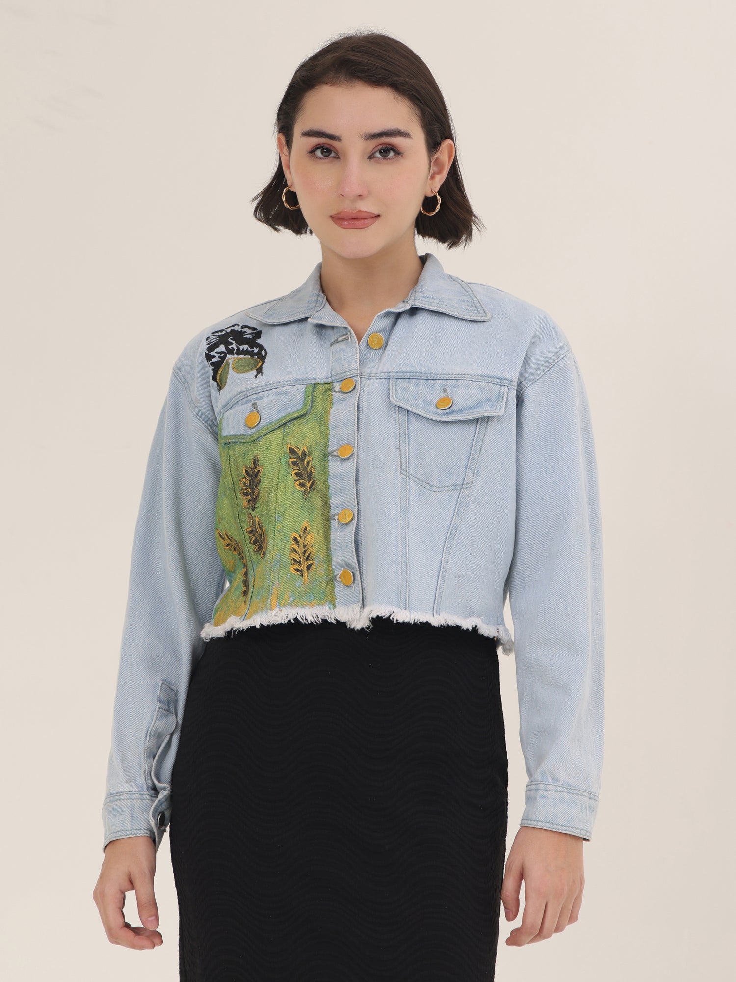 Green Harvest Hand-Painted Cropped Denim Jacket for Women – Nature Art Edition