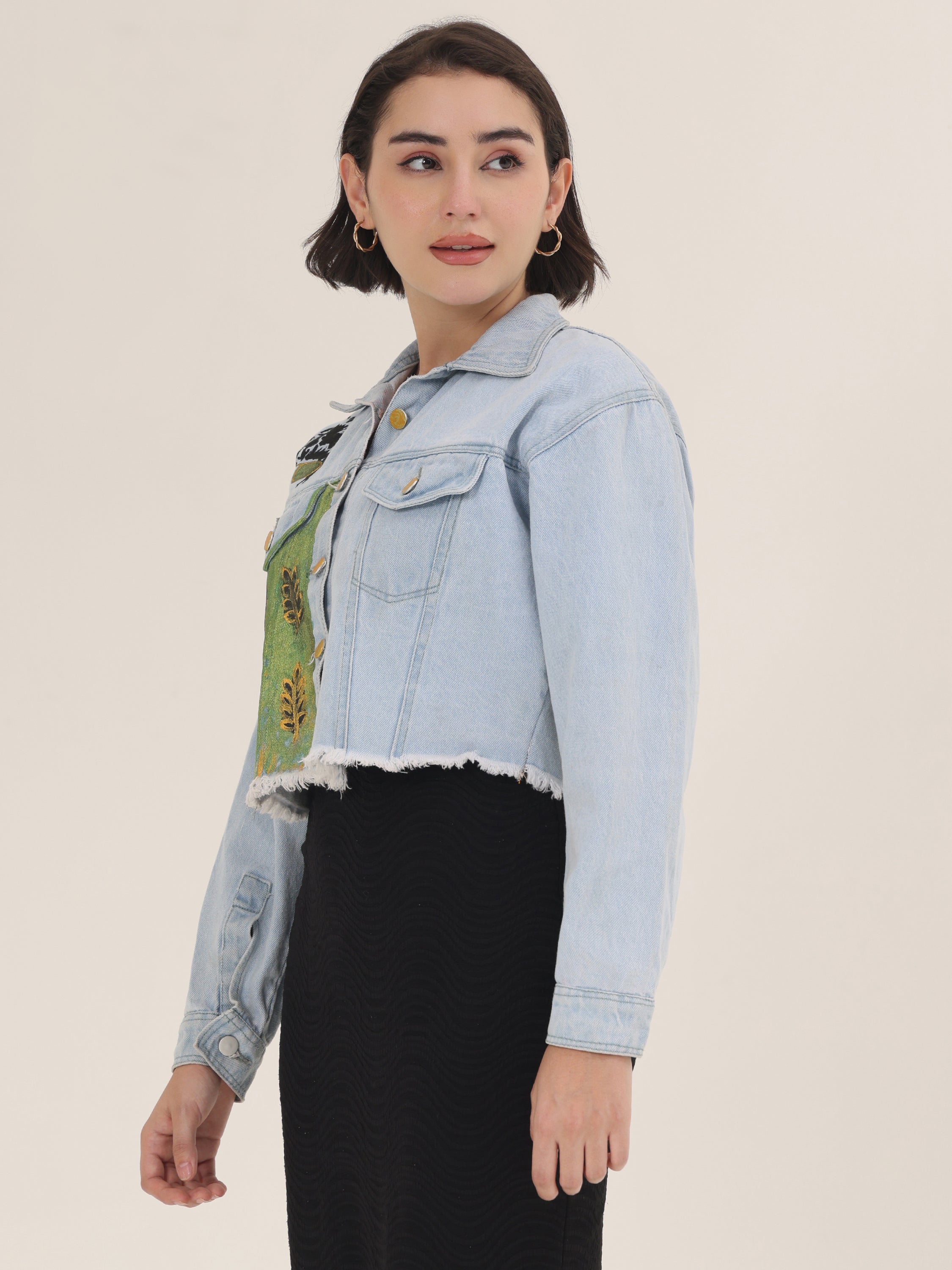 Green Harvest Hand-Painted Cropped Denim Jacket for Women – Nature Art Edition