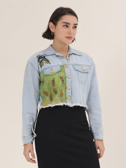 Green Harvest Hand-Painted Cropped Denim Jacket for Women – Nature Art Edition