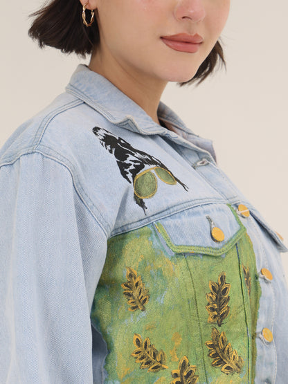 Green Harvest Hand-Painted Cropped Denim Jacket for Women – Nature Art Edition