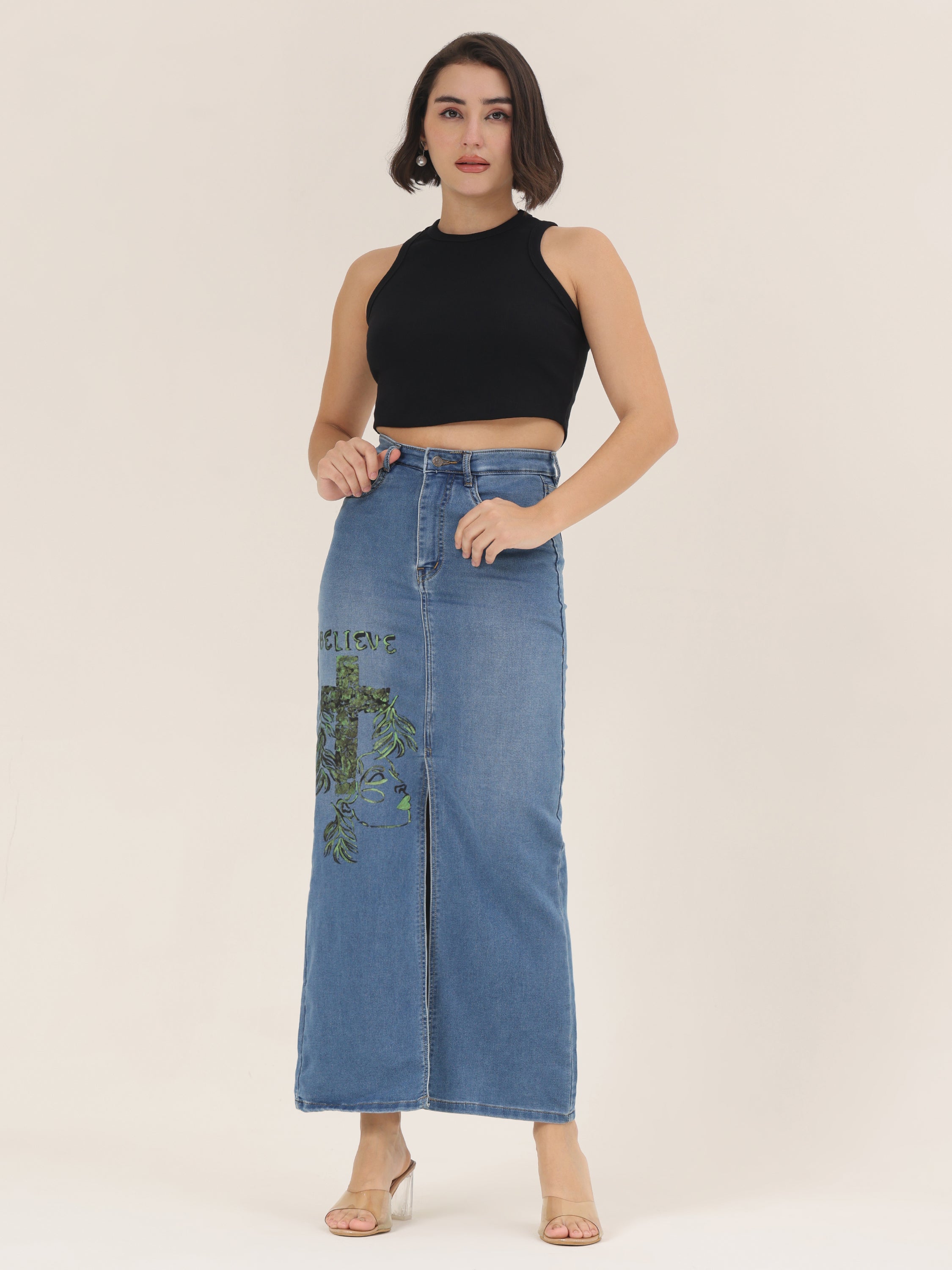 Believe Faith Edition Hand-Painted Denim Maxi Skirt for Women – High-Slit Premium Long Skirt