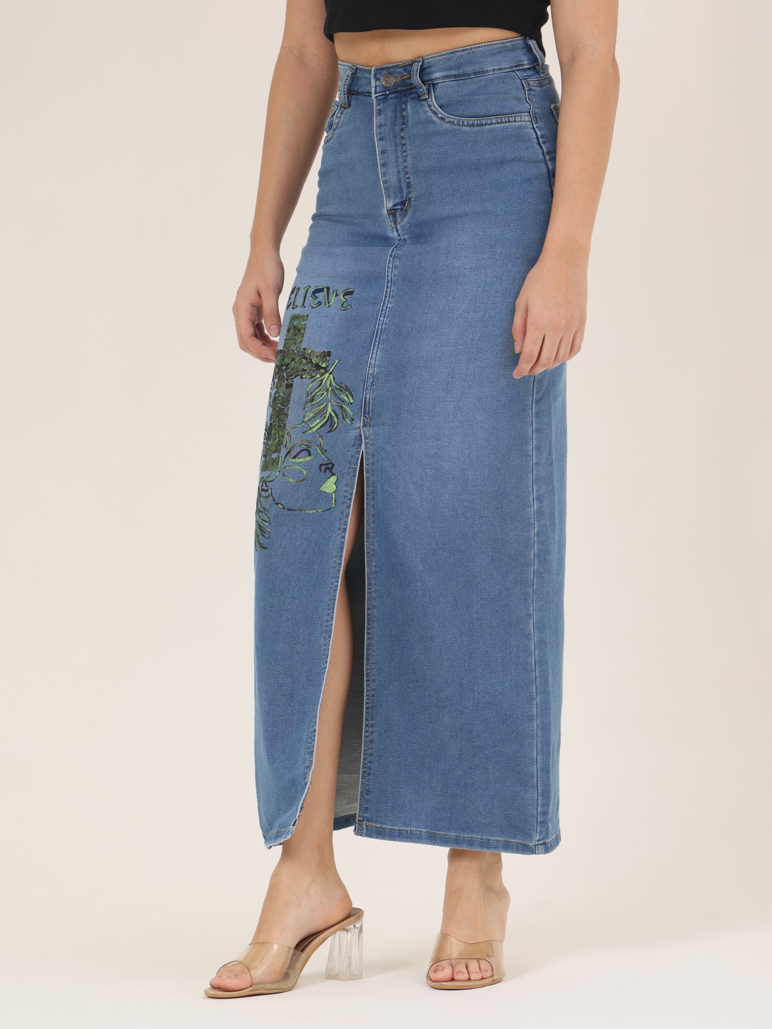 Believe Faith Edition Hand-Painted Denim Maxi Skirt for Women – High-Slit Premium Long Skirt