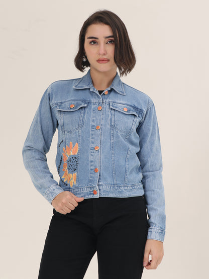 Sunflower Bloom Hand-Painted Denim Jacket for Women – Premium Light Blue Casual Wear