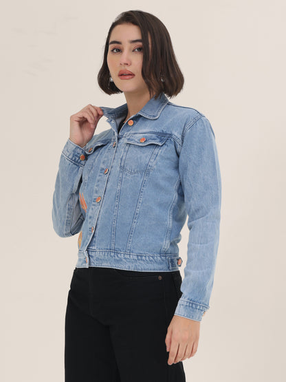 Sunflower Bloom Hand-Painted Denim Jacket for Women – Premium Light Blue Casual Wear
